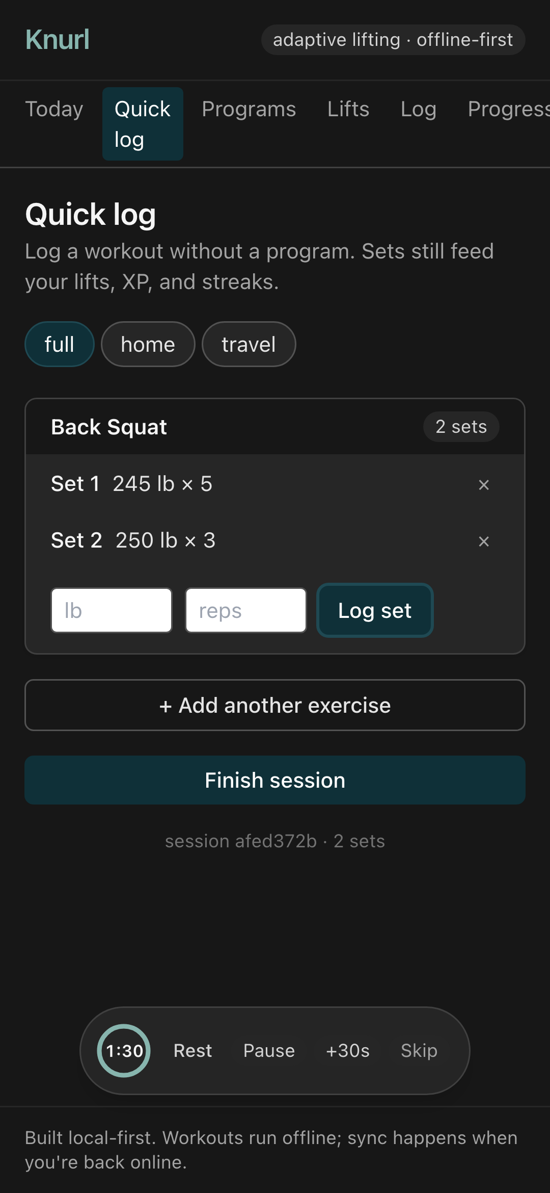 Knurl set logging screen