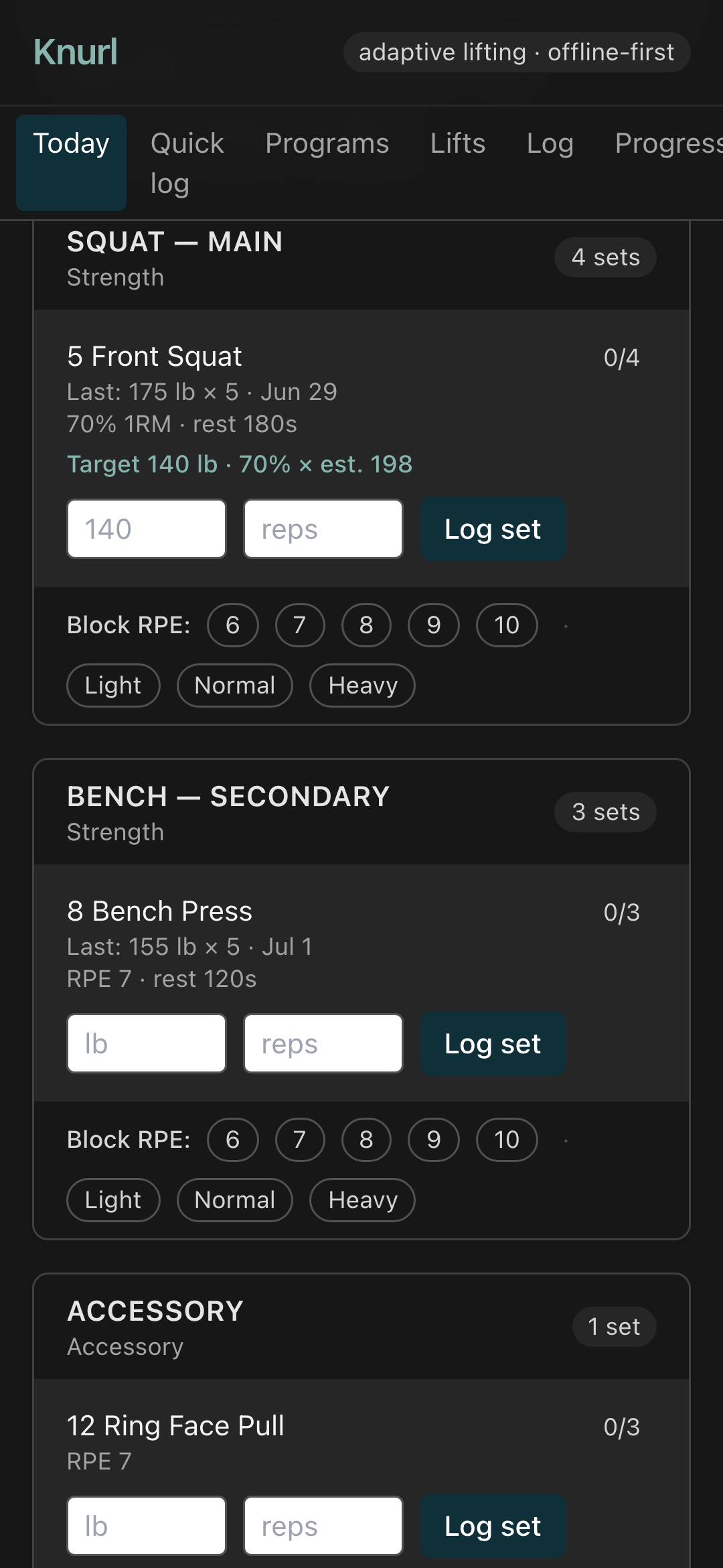 Knurl prescription screen for the next session