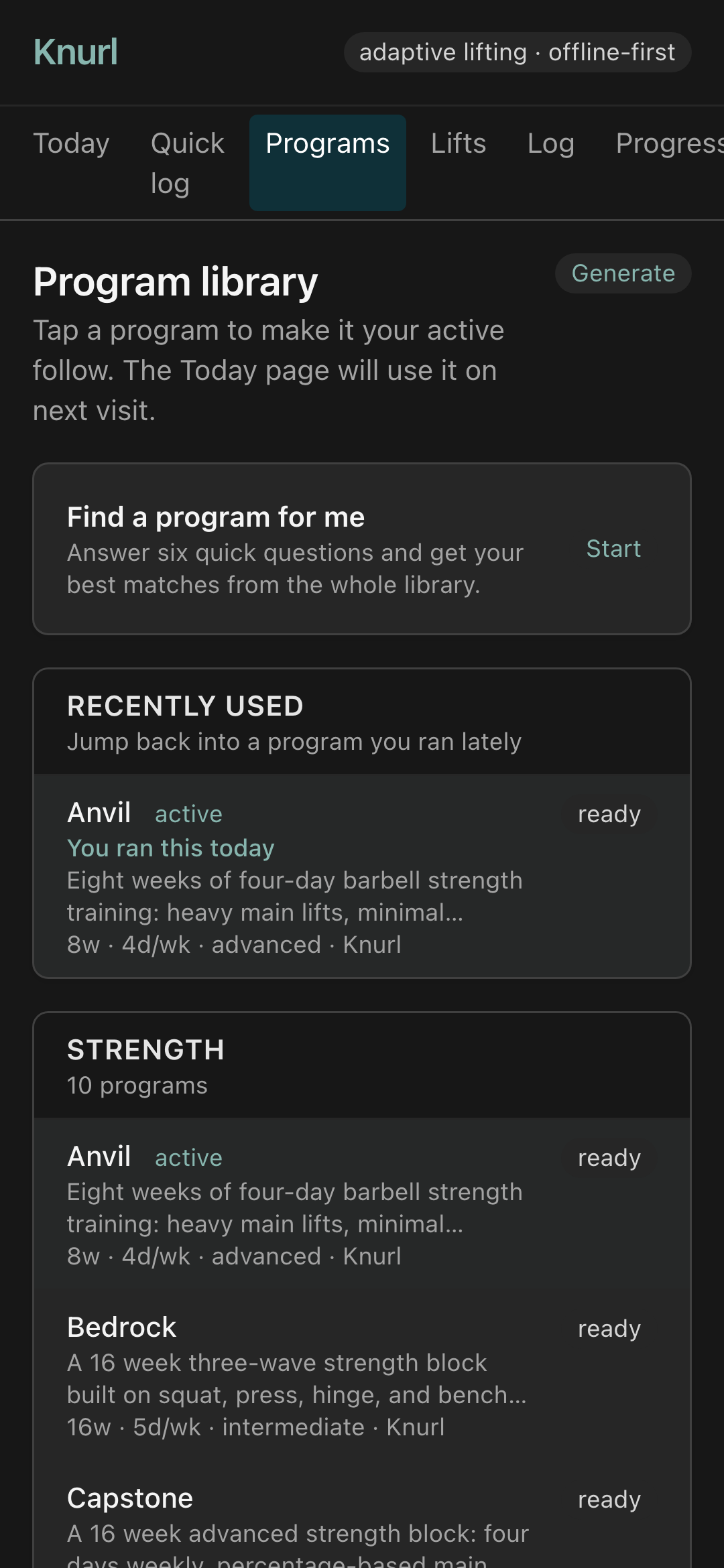 Knurl program library screen