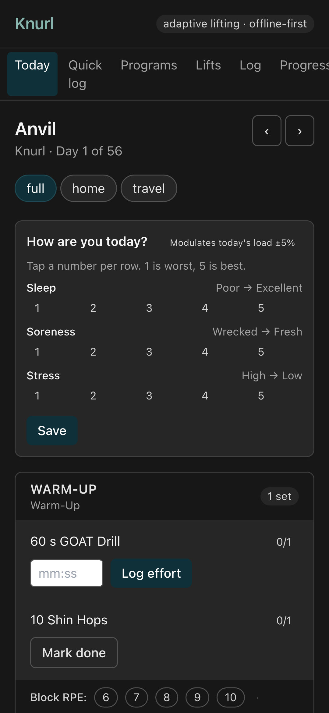 Knurl session screen showing a prescribed working set